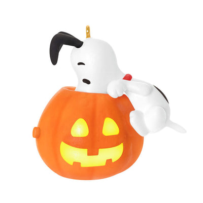 Snoopy Halloween ornament with glowing jack-o'-lantern, plays music and spooky sounds when button is pressed
