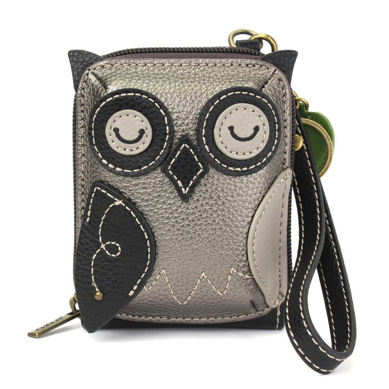 Pewter RFID-protected credit card holder with Owl Chala Pal, keychain charm, wristlet, and accordion-style card organizer.