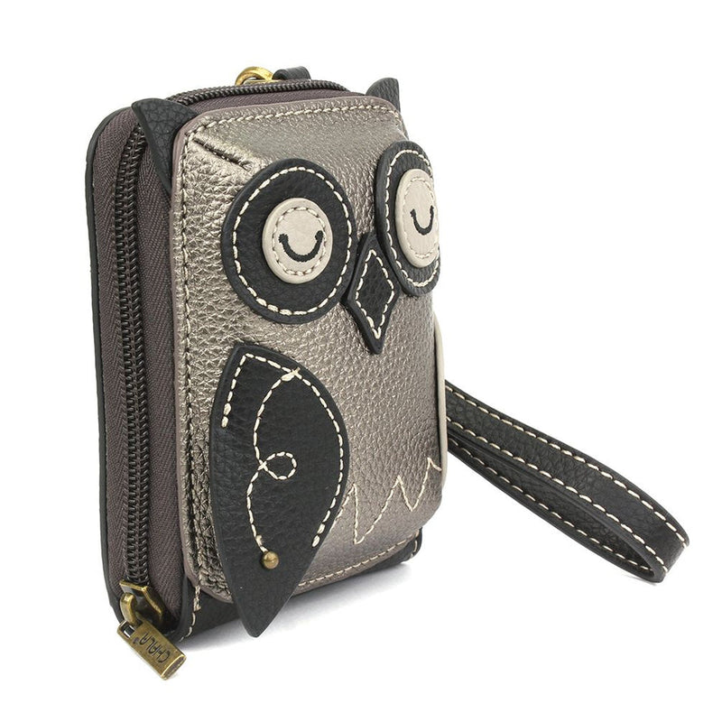 Pewter RFID-protected credit card holder with Owl Chala Pal, keychain charm, wristlet, and accordion-style card organizer.