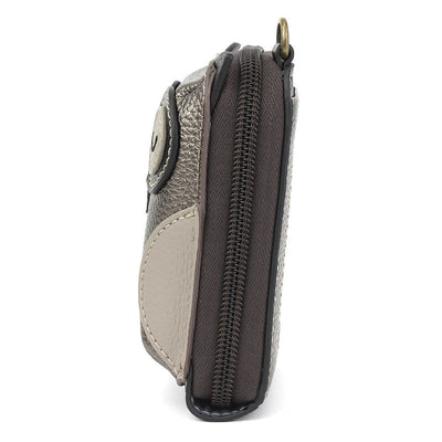 Pewter RFID-protected credit card holder with Owl Chala Pal, keychain charm, wristlet, and accordion-style card organizer.