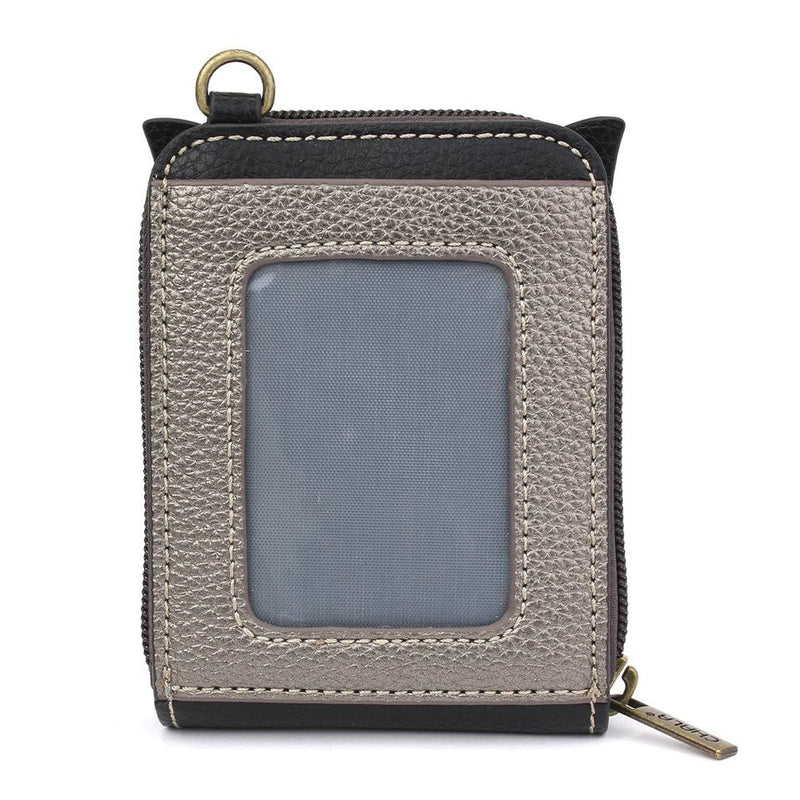 Pewter RFID-protected credit card holder with Owl Chala Pal, keychain charm, wristlet, and accordion-style card organizer.