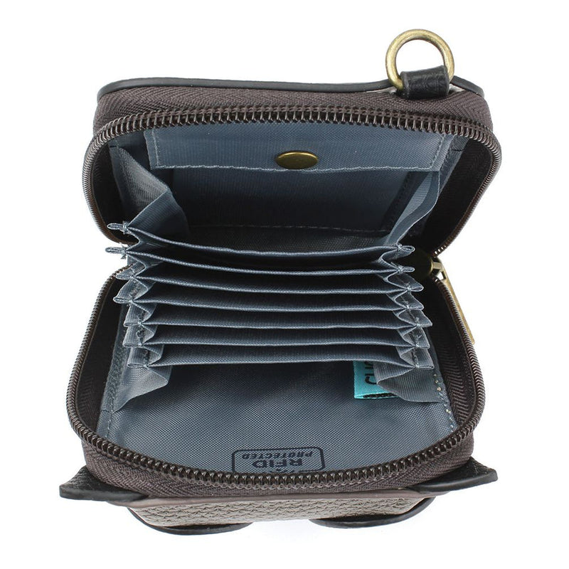 Pewter RFID-protected credit card holder with Owl Chala Pal, keychain charm, wristlet, and accordion-style card organizer.