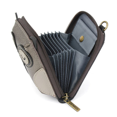 Pewter RFID-protected credit card holder with Owl Chala Pal, keychain charm, wristlet, and accordion-style card organizer.