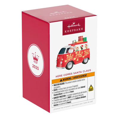 Santa and groovy elves in vintage van Christmas ornament with lights and music, battery operated holiday decoration

