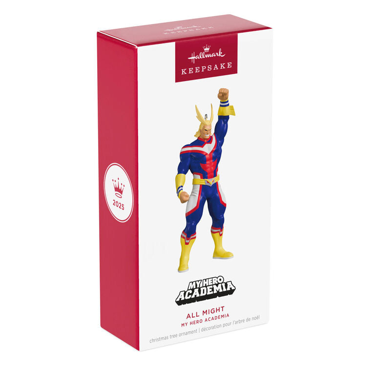 All Might Christmas tree ornament in hero pose from My Hero Academia, featuring yellow hair, red-blue suit, and raised fist.
