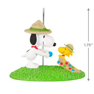 Snoopy in scout hat presenting merit badge to Woodstock in sash, standing on green grass, Hallmark Peanuts Christmas ornament collectible

