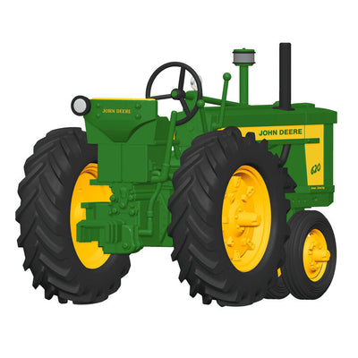 Hallmark Keepsake John Deere 620 Tractor ornament, die-cast metal in green and yellow, wheels turn, classic farm tractor design.