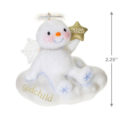 Sparkling snow angel Christmas ornament holding a gold 2025 star, seated on a cloud, for godchild holiday keepsake

