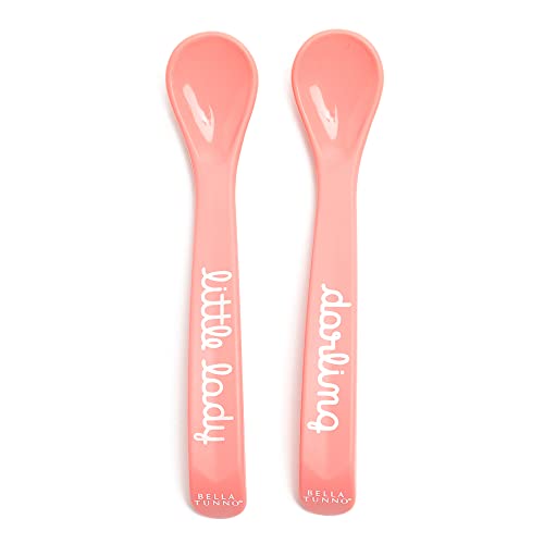 Set of two silicone baby spoons in Little Lady and Darling colors, teething-friendly and ergonomically designed.

