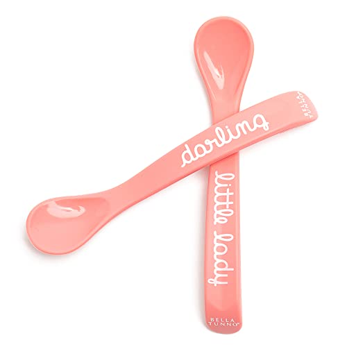 Set of two silicone baby spoons in Little Lady and Darling colors, teething-friendly and ergonomically designed.

