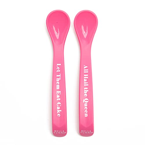 Set of two baby spoons in Eat Cake and Hail Queen colors, made of soft, teething-friendly silicone.

