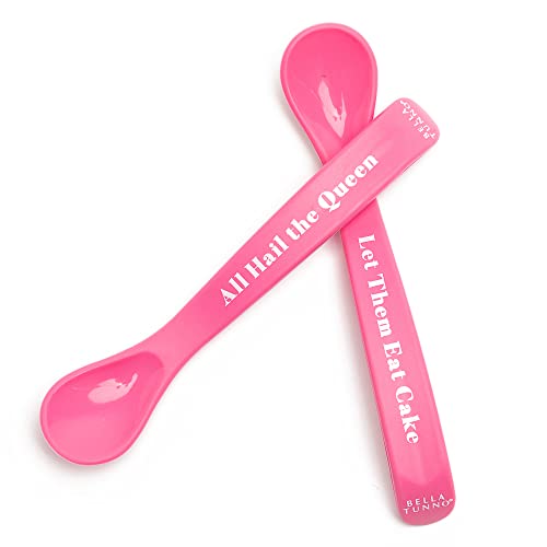 Set of two baby spoons in Eat Cake and Hail Queen colors, made of soft, teething-friendly silicone.

