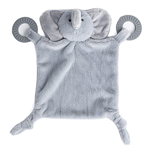 Evie the Elephant teether buddy with soft plush body, textured teething rings, and gentle rattle, perfect for soothing.