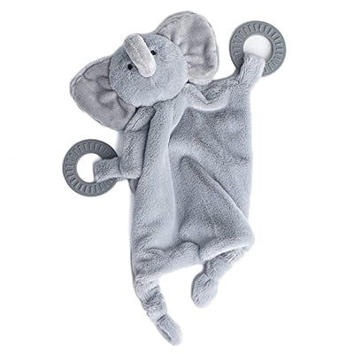 Evie the Elephant teether buddy with soft plush body, textured teething rings, and gentle rattle, perfect for soothing.