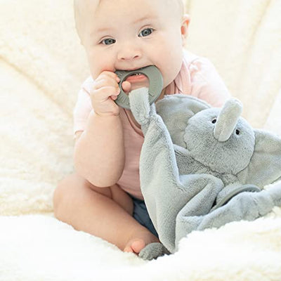 Evie the Elephant teether buddy with soft plush body, textured teething rings, and gentle rattle, perfect for soothing.