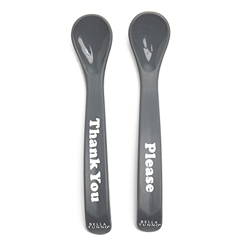 Silicone baby spoon set in Thank You and Please designs, soft and teething-safe with ergonomic grips for easy self-feeding.

