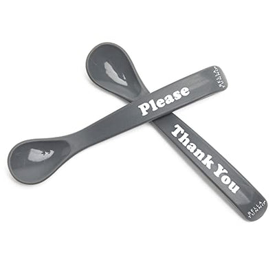 Silicone baby spoon set in Thank You and Please designs, soft and teething-safe with ergonomic grips for easy self-feeding.

