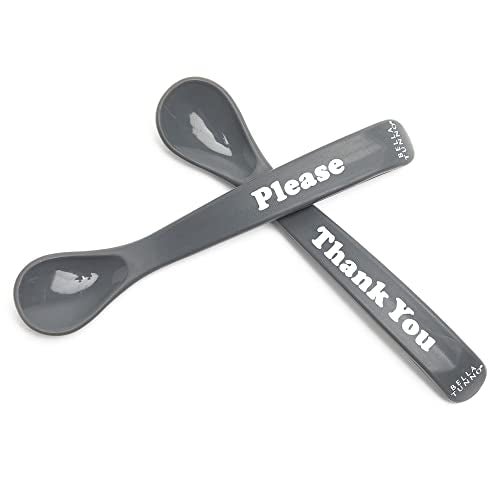 Silicone baby spoon set in Thank You and Please designs, soft and teething-safe with ergonomic grips for easy self-feeding.

