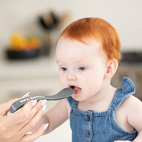 Silicone baby spoon set in Thank You and Please designs, soft and teething-safe with ergonomic grips for easy self-feeding.

