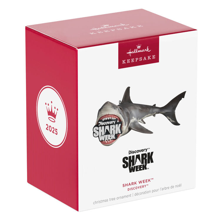 Shark Week ornament, great white shark with Discovery logo in jaws, Hallmark Keepsake, Christmas tree decoration, TV event collectible.