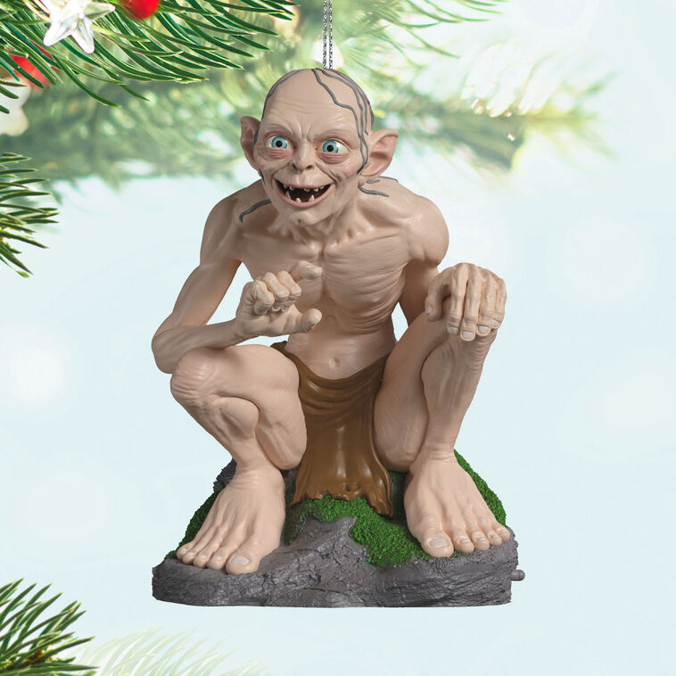 Gollum ornament, Lord of the Rings character on mossy rock, sound and motion, Hallmark Keepsake, Christmas tree decoration.