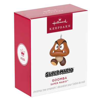 Hallmark Keepsake Mini Nintendo Super Mario Goomba ornament—brown mushroom-like enemy with sharp teeth, large eyes, oval feet, and angry eyebrows
