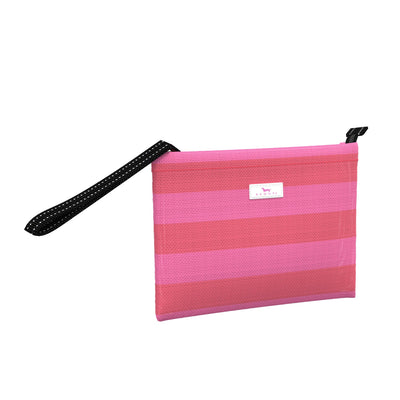 SCOUT Cabana Clutch wristlet in Bubblegum and Watermelon, open weave, water-resistant fabric with wide loop handle and zip closure.