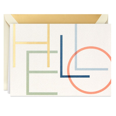 Boxed blank notes with colorful modern lettering on off-white cardstock and gold foil accents, includes foil-lined envelopes.
