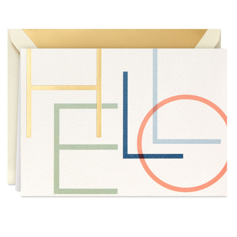 Boxed blank notes with colorful modern lettering on off-white cardstock and gold foil accents, includes foil-lined envelopes.
