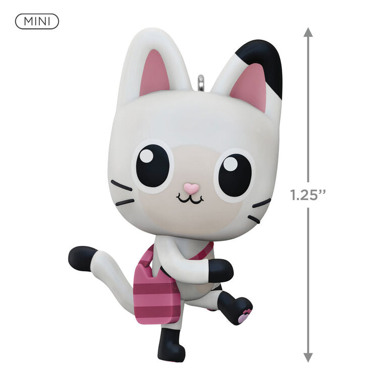 Mini Pandy Paws ornament, black and white cat-panda with striped tail and scarf, Hallmark Gabby’s Dollhouse Christmas collectible