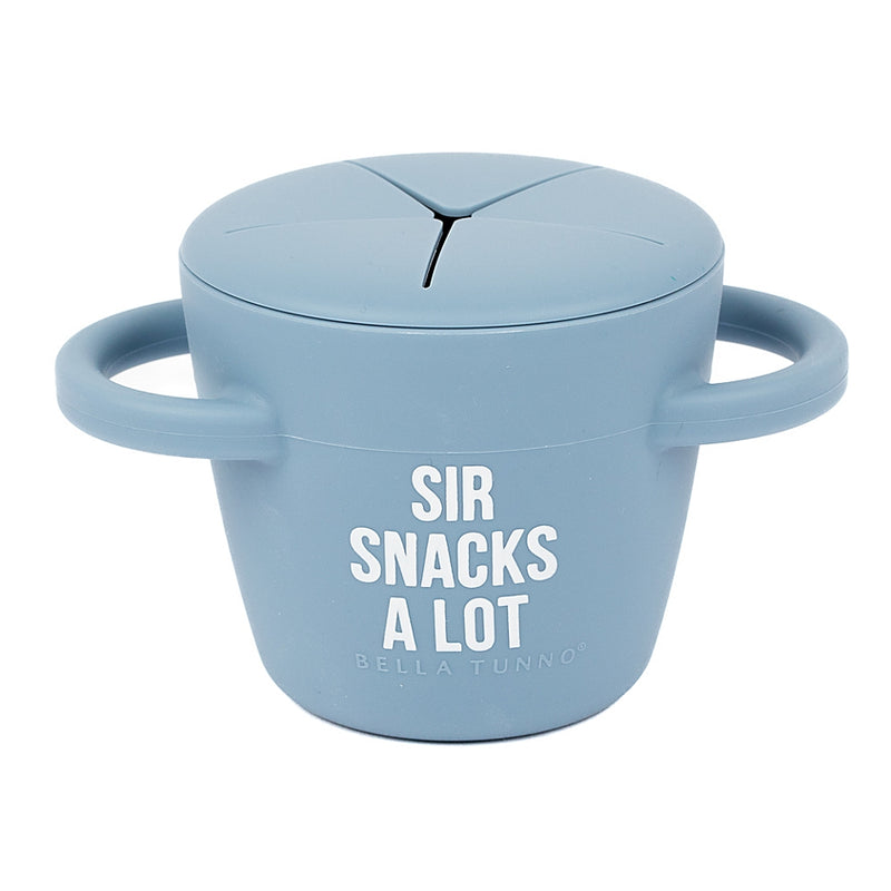 Bella Tunno Sir Snacks A Lot Happy Snacker in light blue, spill-proof silicone snack cup with easy-grip handles.