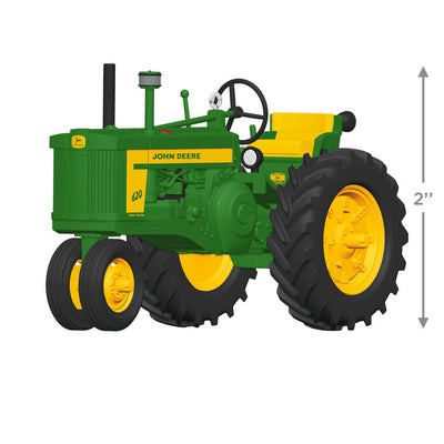 Hallmark Keepsake John Deere 620 Tractor ornament, die-cast metal in green and yellow, wheels turn, classic farm tractor design.