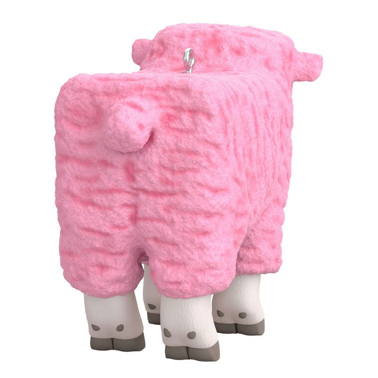 Hallmark Keepsake Minecraft Movie Pink Sheep ornament featuring the rare pink sheep mob with cross eyes and soft woolly texture.