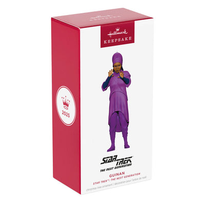 Hallmark Star Trek Guinan ornament—purple-robed bartender figurine from The Next Generation, holding hands up, inspired by Ten Forward
