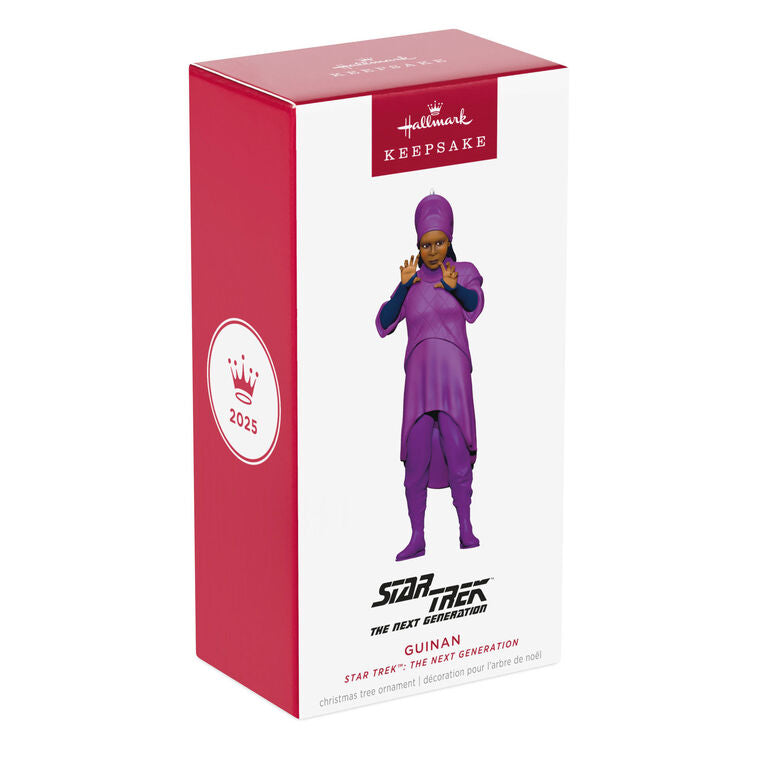 Hallmark Star Trek Guinan ornament—purple-robed bartender figurine from The Next Generation, holding hands up, inspired by Ten Forward

