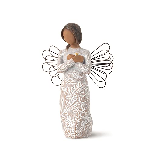 Willow Tree Remembrance angel with darker skin and hair, wire wings, gold leaf heart, and memory-themed carvings on dress.