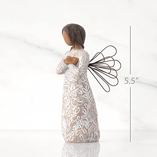 Willow Tree Remembrance angel with darker skin and hair, wire wings, gold leaf heart, and memory-themed carvings on dress.