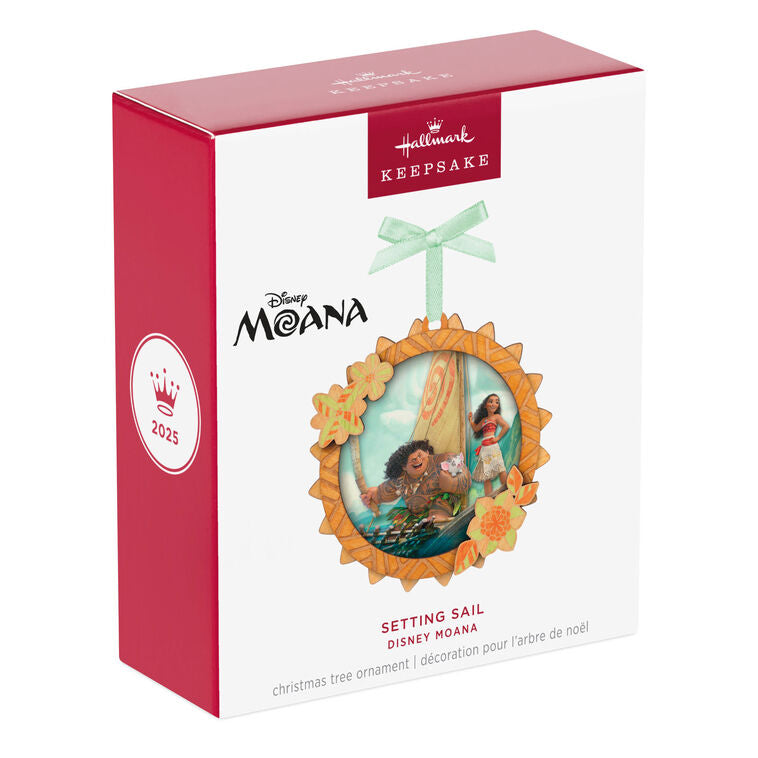 Hallmark Keepsake Disney Moana Setting Sail Papercraft Ornament with Moana, Maui, and Pua in boat, tropical flower frame.
