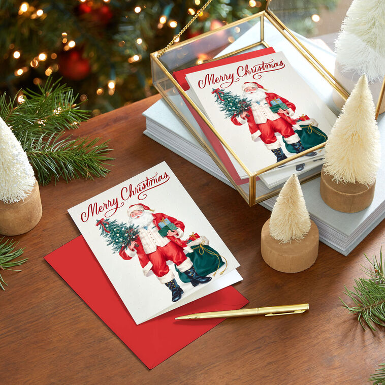 Vintage Santa With Gifts Boxed Christmas Cards, Pack of 16