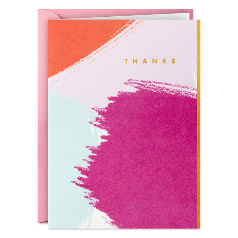 Vibrant thank-you cards with pink, orange, and mint brushstrokes and gold foil lettering.
