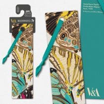 V&A Papillons faux leather bookmark with brass eyelet, gold grosgrain ribbon, and debossed detailing on reverse side.

