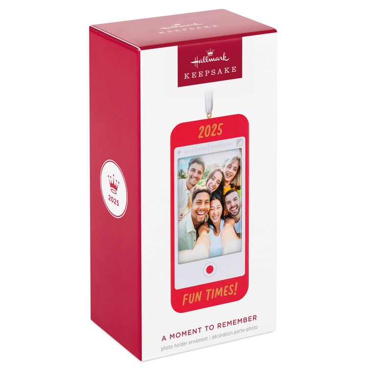 Red photo frame ornament shaped like a smartphone with “2025” and “Fun Times!” text for Christmas memories.