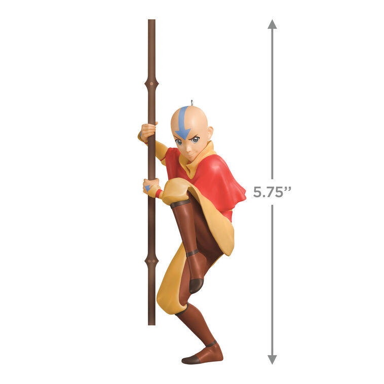Christmas ornament of Aang from Avatar: The Last Airbender holding his staff in a defensive pose with arrow tattoo on forehead.