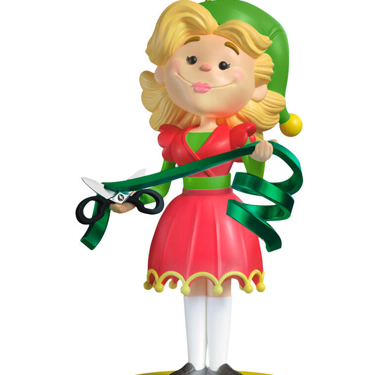 Jovie ornament, Elf movie character in red dress with green scarf, Hallmark Keepsake, Christmas tree decoration, light and sound feature.