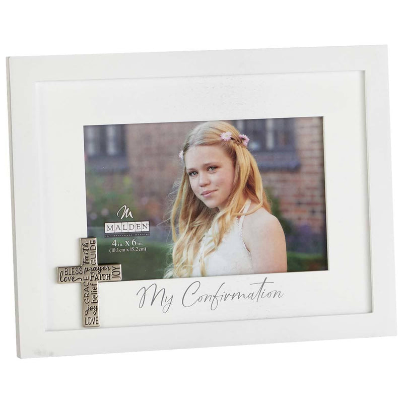 Malden white My Confirmation photo frame with elegant design, holds a 4x6 picture—perfect for celebrating faith milestones.


