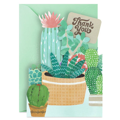 Die-cut thank-you cards with fold-out illustrated potted succulents and cacti in display-ready shapes.
