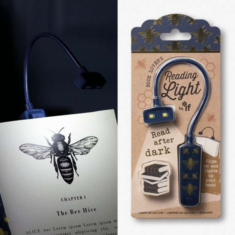 Bee-themed pocket-sized book reading light with flexible neck, secure clip, dimmable LEDs, and easy battery replacement.


