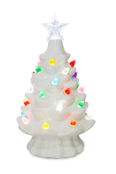 White ceramic Christmas tree with multicolor lights and glowing star topper.
