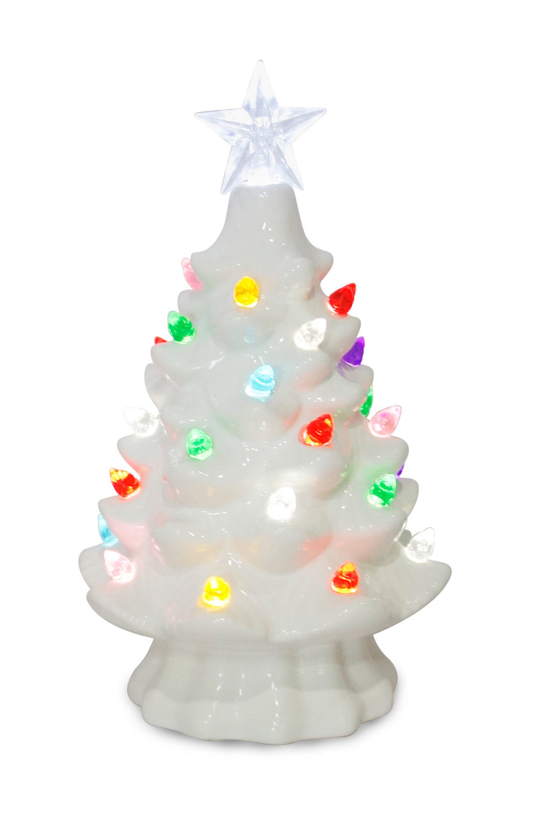 White ceramic Christmas tree with multicolor lights and glowing star topper.
