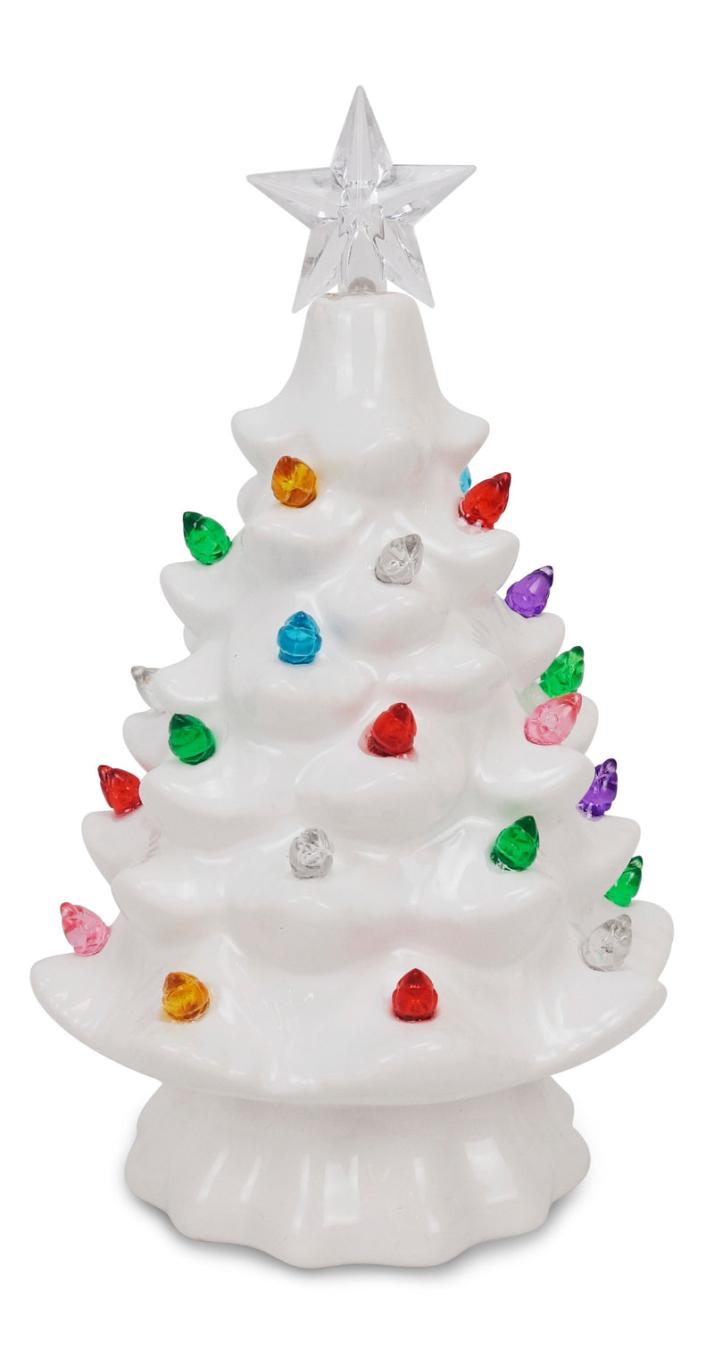 White ceramic Christmas tree with multicolor lights and glowing star topper.
